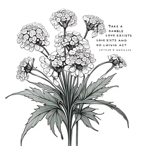 Arthur morgans drawing of yarrow flowers, next to it the quote "Take a gamble love exists and do a loving act"  tattoo design idea