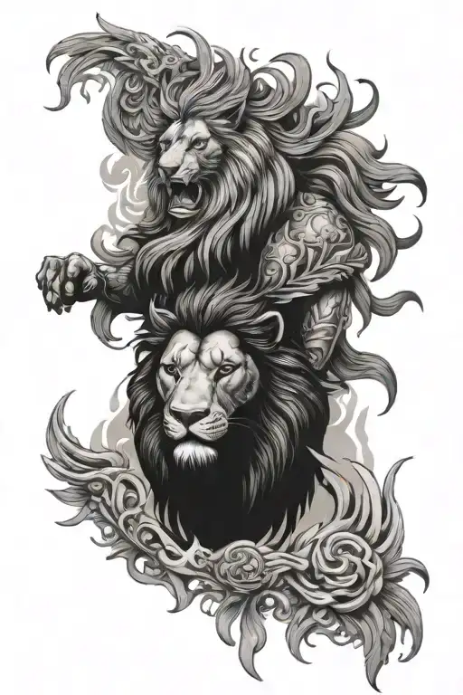 Lion warrior and phoenix rising from the ashes tattoo design idea