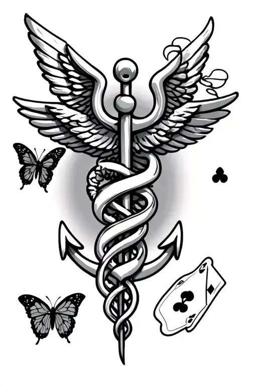 caduceus and anchor and butterfly and 3 cards tattoo design idea