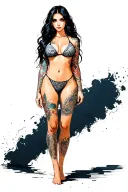 Sexy girl, petite, small boobs, wide hips, bikini . long hair,sexual. Seductive. Full Body, standing with legs and feet tattoo design idea