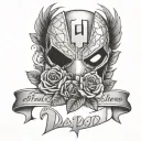 marvel theme memorial tattoo for dad inccluding custom thumb print and flowers around the drawing along with cards tattoo design idea