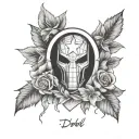 marvel theme memorial tattoo for dad inccluding custom thumb print and flowers around the drawing along with cards tattoo design idea