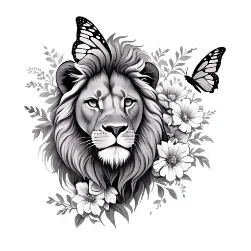 lion with butterfly and flowers tattoo design idea