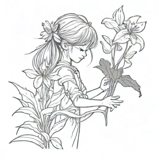 little girl picking red spider lily flower tattoo design idea