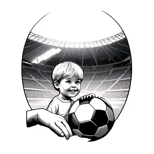 Child and grandmother hand in a football corner, in the background the stadium with the light on one night with stars tattoo design idea