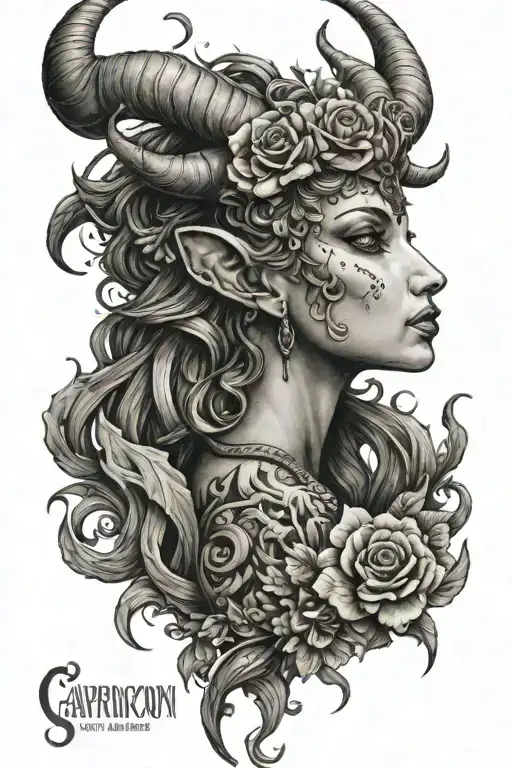 Capricorn Goddess Dark ornamental mixed tattoo design idea