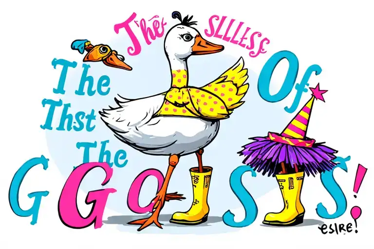 "The Silliest Of The Gooses!" cartoon silly goose with a yellow polkadot bikini top, a tutu rainboots, and party hat tattoo design idea