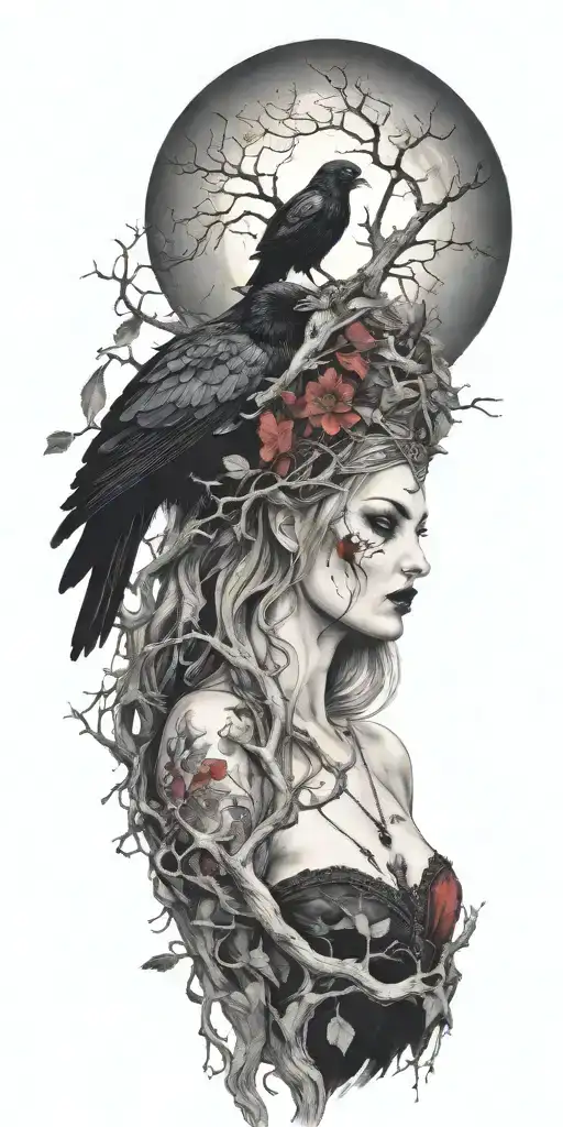 the morrigan Irish goddess with crows an old oak tree growing and bright moonlight tattoo design idea