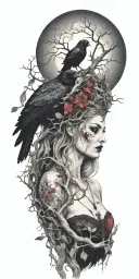 the morrigan Irish goddess with crows an old oak tree growing and bright moonlight tattoo design idea