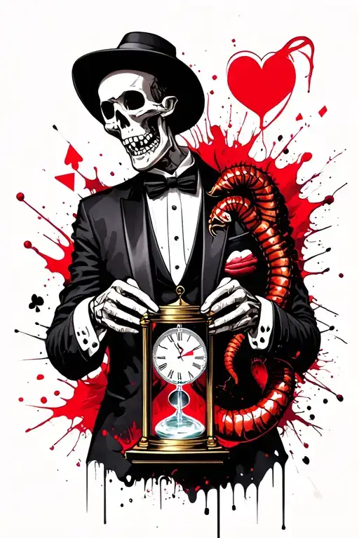 The skeleton in a tuxedo holds a sand clock in his hands, and a worm ace sticks out of the sleeve tattoo design idea