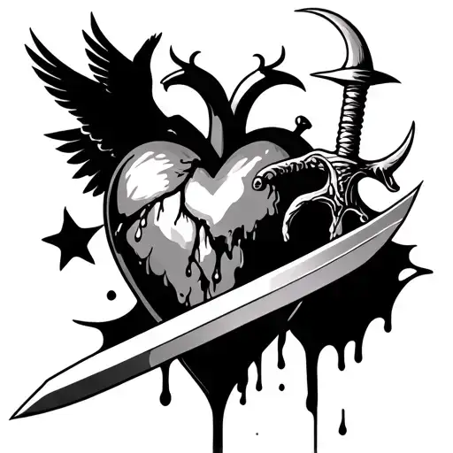 A bleeding human heart with a sword piercing the heart, with a dove flying and a crescent moon tattoo design idea