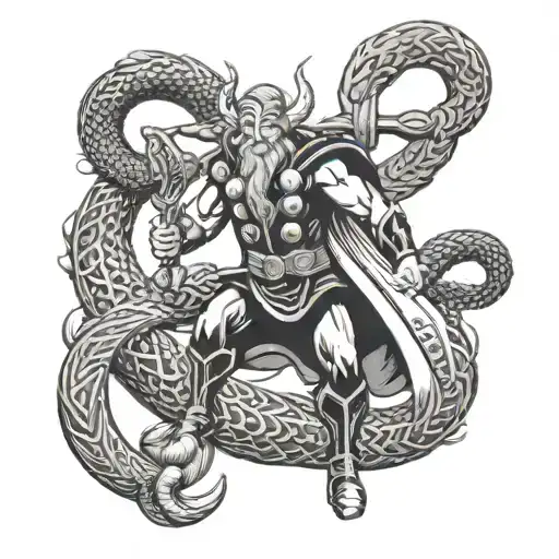 thor fighting the world serpent in norse style tattoo design idea
