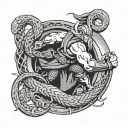 thor fighting the world serpent in norse style tattoo design idea