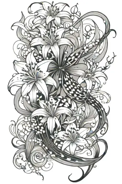 spider lily flowers, lily of the valley flower, bow, koi fish, abstract line  tattoo design idea