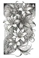 spider lily flowers, lily of the valley flower, bow, koi fish, abstract line  tattoo design idea