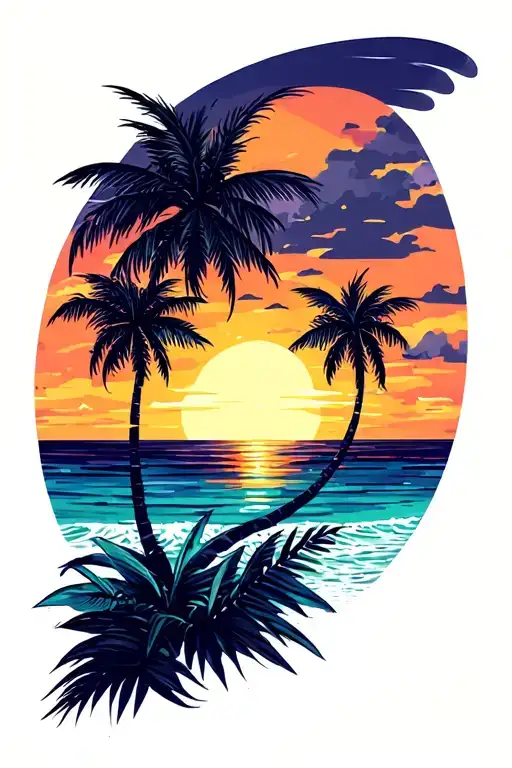 beach sunset palm trees tattoo design idea