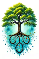 vertical microrealistic tree of life and oxitocine molecule that starts from the roots tattoo design idea