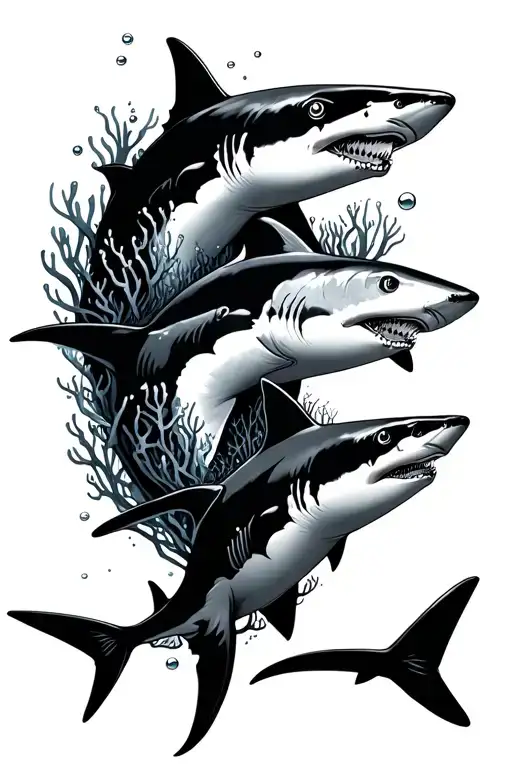 line of sharks with bubbles, and coral reef saltwater ocean tattoo design idea