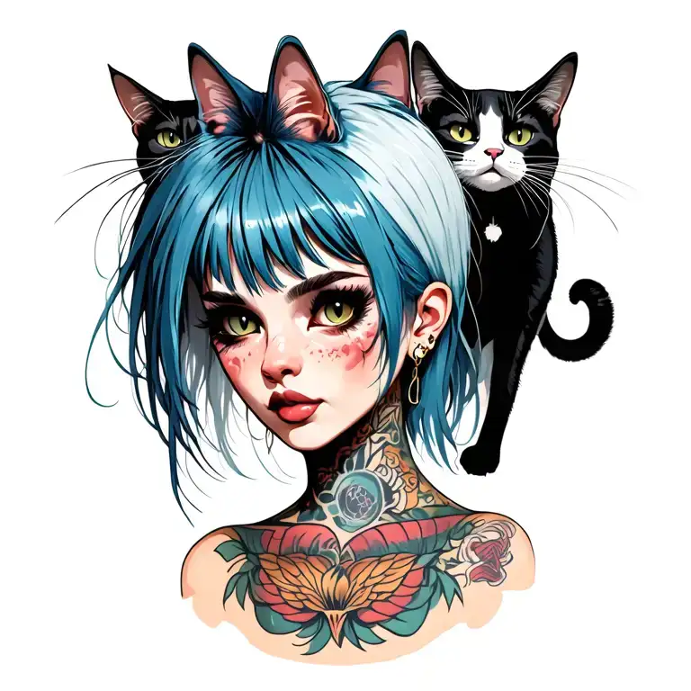 woman punk with gang of cats tattoo design idea