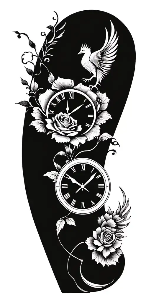 Japanese style, roses, time clock, phoenix rising, Polynesian tribal pattern for strength, high contrast  tattoo design idea