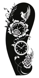 Japanese style, roses, time clock, phoenix rising, Polynesian tribal pattern for strength, high contrast  tattoo design idea