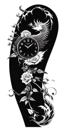 Japanese style, roses, time clock, phoenix rising, Polynesian tribal pattern for strength, high contrast  tattoo design idea