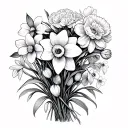 daffodils, sweat pea, snowdrop, carnations, dasies bouquet tattoo design idea