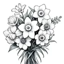 daffodils, sweat pea, snowdrop, carnations, dasies bouquet tattoo design idea