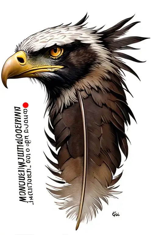 Eagle feather with 1 red dot with the words repugna daemonibus tuis below it tattoo design idea