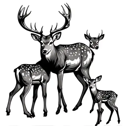 male deer with majestic antlers 2 baby deer by his side tattoo design idea