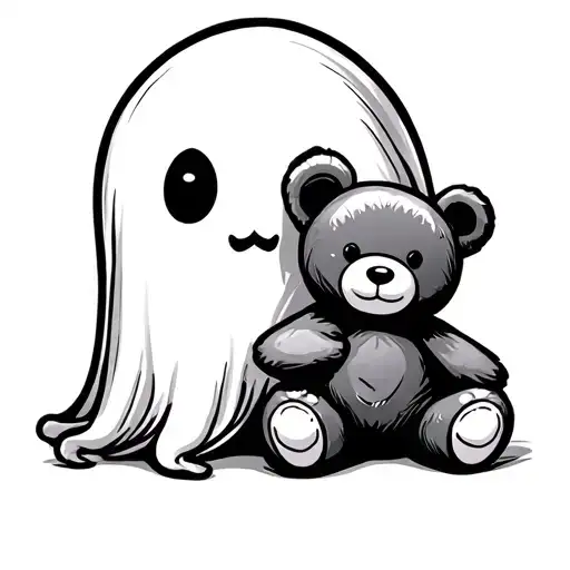 cute ghost emoji holding a teddy bear tattoo design idea