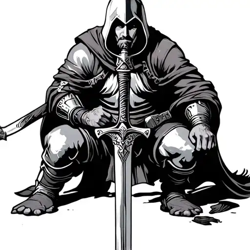 crusader kneeling holding sword tattoo design idea