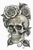 rose, sugar scull, gold accents tattoo design idea