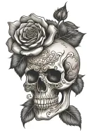 rose, sugar scull, gold accents tattoo design idea