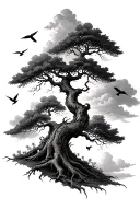 poison tree in a Forrest with clouds in and birds in the sky tattoo design idea