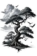 poison tree in a Forrest with clouds in and birds in the sky tattoo design idea