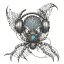 An intricate tattoo featuring a spider weaving a web around headphones, representing the connection between music and creativity tattoo design idea