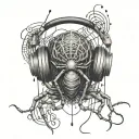 An intricate tattoo featuring a spider weaving a web around headphones, representing the connection between music and creativity tattoo design idea