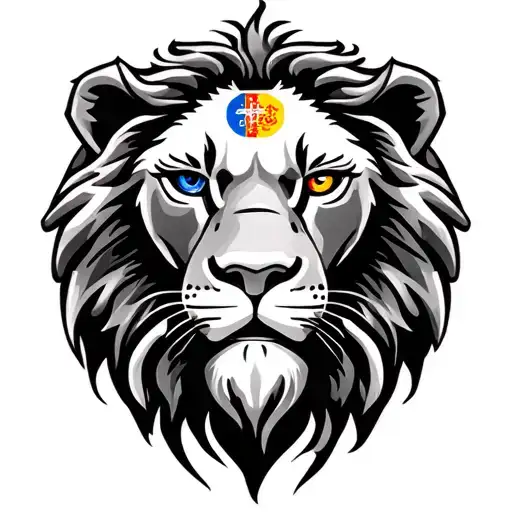 lions head with colourful eye st georges flag and spiritual symbol tattoo design idea