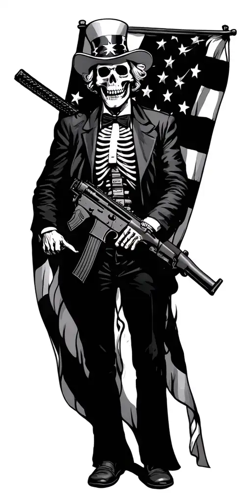 skeleton uncle sam with ar15 American flag tattoo design idea