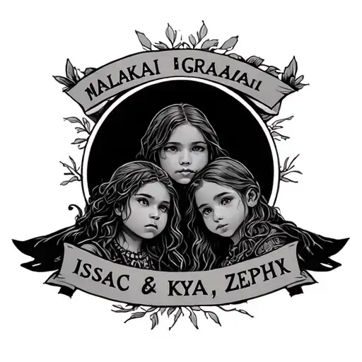 "Malakai, Isaac, Kya, Zephyr" Grandchildren tattoo design idea