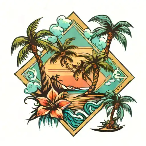 rhombus palm tree ocean tattoo design idea