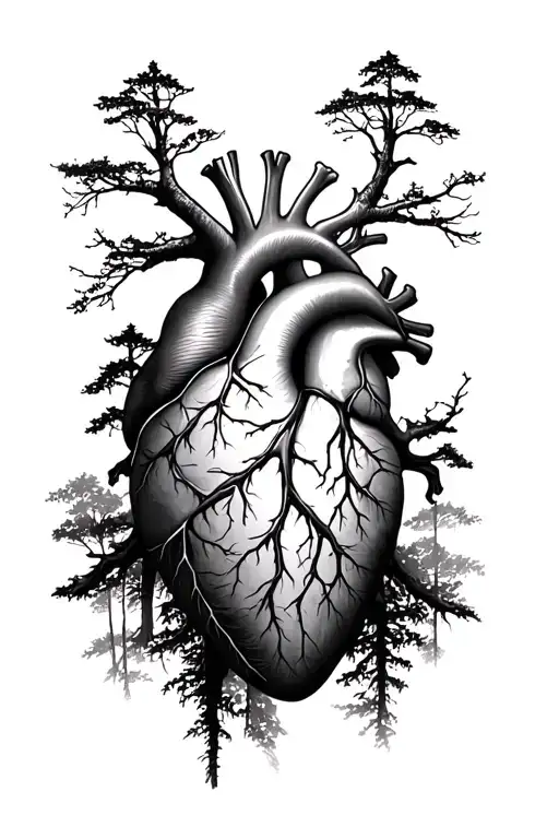 anatomical heart and forest scene tattoo design idea