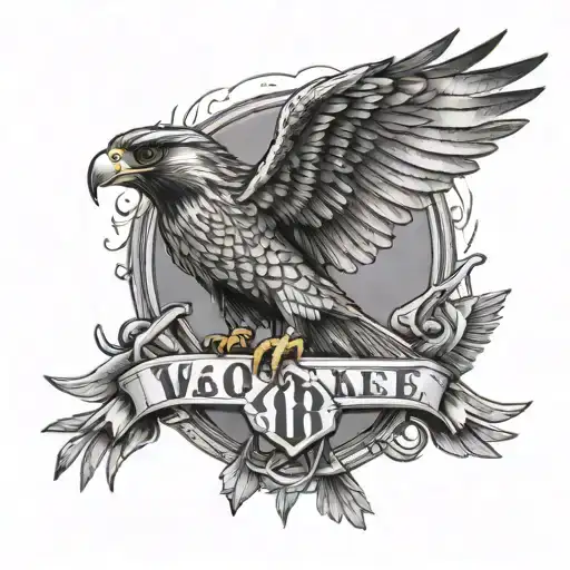 a falcon with its wings spread wide with a number plate saying W088LE on its chest tattoo design idea
