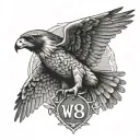 a falcon with its wings spread wide with a number plate saying W088LE on its chest tattoo design idea