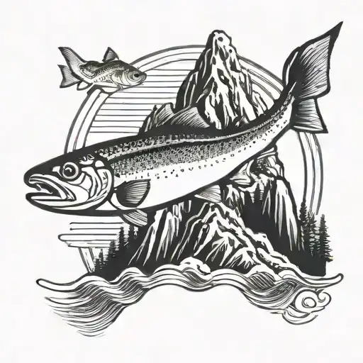 mountain with rainbow trout tattoo design idea