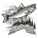 mountain with rainbow trout tattoo design idea