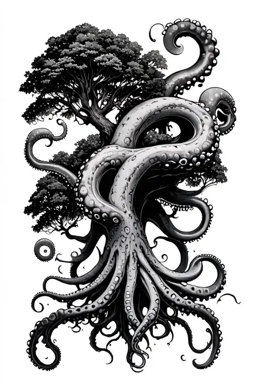 tentacles with suction cup surrounding a tree to protect it tattoo design idea