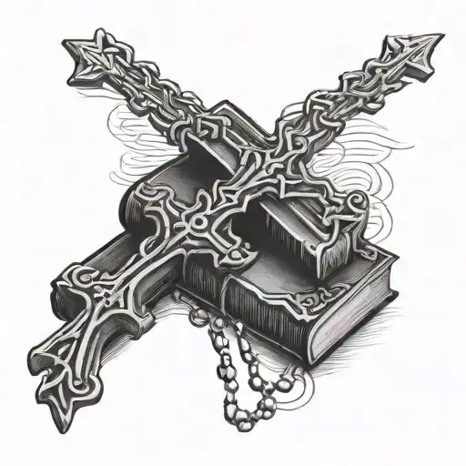 cross and books surrounded with rosary wrapped tattoo design idea