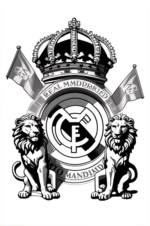 Cibeles statue Madrid with Real Madrid flag ties around neck, include lions from statue tattoo design idea